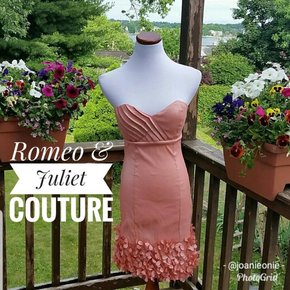 ROMEO and JULIET Dress Peach Strapless Prom  Midi 3D Floral Wedding Formal 6 - Picture 5 of 10